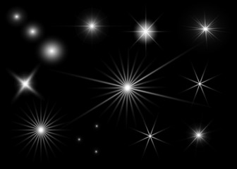 Set lighting flare, star. Isolated on black background. Vector
