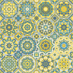 Set of octagonal and square ornaments in blue and yellow colors. Decorative and design elements for textile, book covers, print. Vector illustration. Oriental motif.