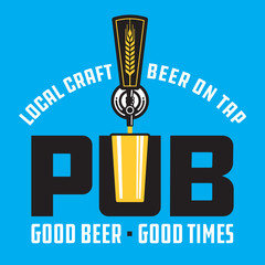 Pub Craft Beer Vector Design. Vector illustration beer tap and pint glass making pub or brew pub badge.