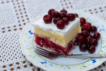 a delicious piece of cake with cherries and cream served on a plate