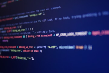 Simple website HTML code with colorful tags in browser view on dark background. Software developer programming code. Screen of code for overlay background.