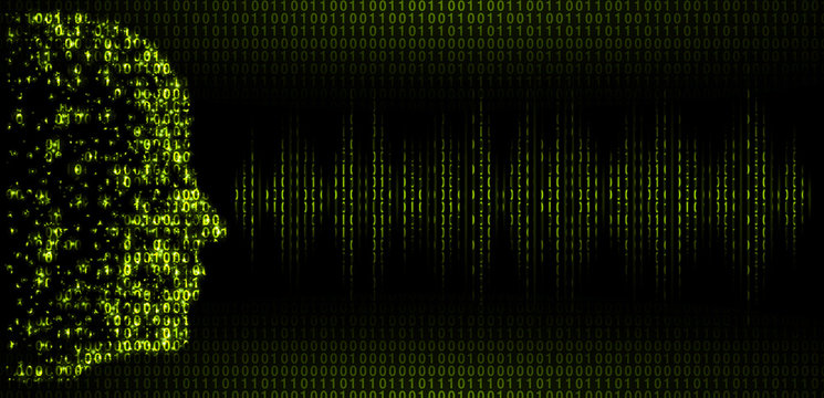 Machine learning. Artificial Intelligence. Technology background with a person's head consisting of bits and code programs.