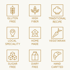 Vector set of design elements, logo design template, icons and badges for natural and organic bakery and healthy food products  in trendy linear style