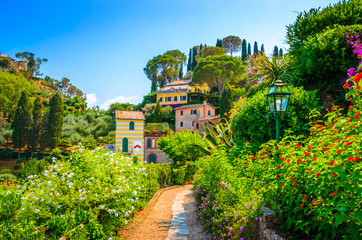 Naklejka premium Beautiful traditional street with flowers of the Portofino, Liguria, Italy