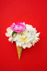 Waffle ice cream cone with white and pink peony flowers on red background. Summer concept. Copy space, top view.