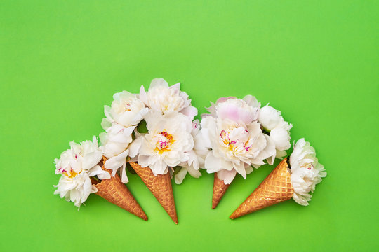 Waffle ice cream cones with white peony flowers on green background. Summer concept. Copy space, top view.