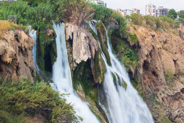 Fototapeta na wymiar Beautiful waterfall Duden runs into the sea in Antalya from Turkey