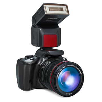 Digital single-lens reflex camera with electronic external flash, 3D rendering