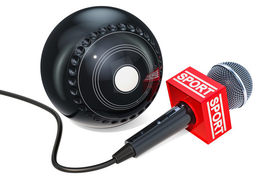 Lawn Bowls News concept. Microphone sport news with lawn bowl ball, 3D rendering