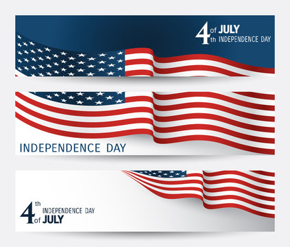 set of banner for Independence day of USA with fragments of flag close-up on a blue and white background