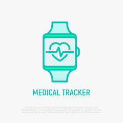 Smart watch with heartbeat thin line icon: medical tracker. Modern vector illustration.