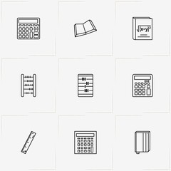 Mathematics line icon set with abacus, book and math book