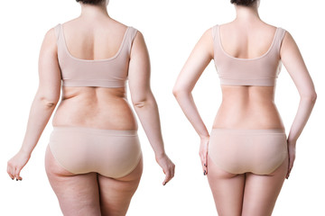 Woman's body before and after weight loss isolated on white background