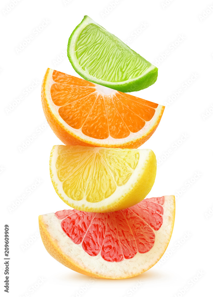 Poster isolated citrus slices. pieces of grapefruit, orange, lemon and lime fruits on top of each other iso