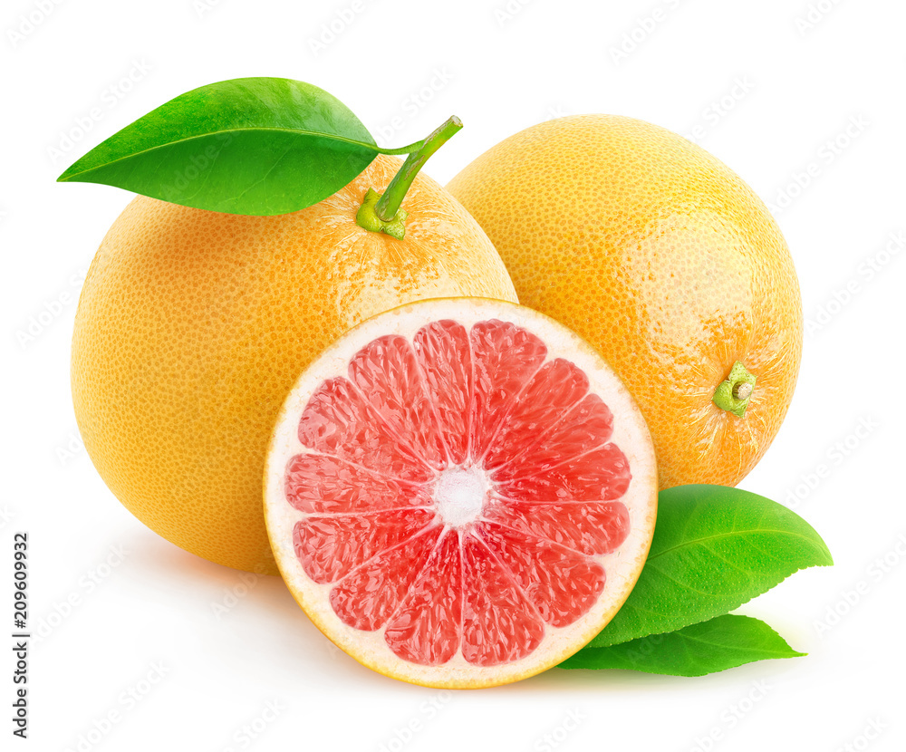 Fototapete isolated citrus fruits. two and a half grapefruits isolated on white background with clipping path
