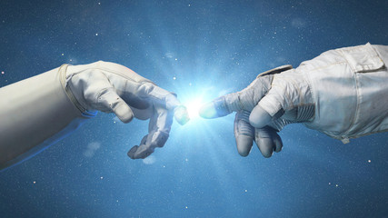 astronaut hands with blue star, spacesuit gloves  © dottedyeti