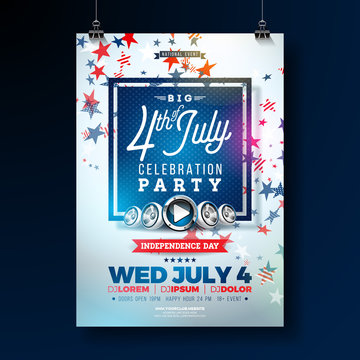 Independence Day of the USA Party Flyer Illustration with Falling Colorful Star. Vector Fourth of July Design on Blue Background for Celebration Banner, Greeting Card, Invitation or Holiday Poster.