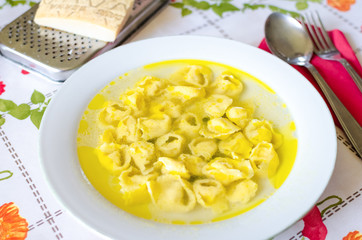 Traditional Italian tortellini in brodo