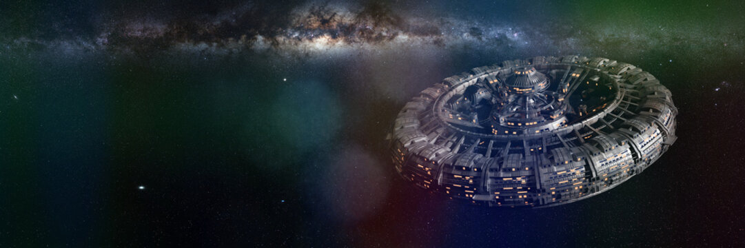 Fototapeta space station and the beautiful Milky Way galaxy, huge colony in empty space 