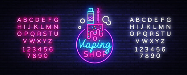 Logo electronic cigarette in neon style. Vape Shop Neon Sign, Sweet Vape Shop Concept, Emblem, Bright Night Signboard, Neon Advertising Electronic Cigarettes. Vector. Editing text neon sign