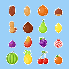 Fruits and nuts sticker. Colorful farm fruits isolated icon. Healthy vegetarian patch illustration. Happy food sticker, big collection. Nut, grape, cherry. Lemon icon.