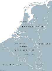 Fototapeta premium Kraje Beneluksu, mapa polityczna w kolorze szarym. Belgia, Holandia i Luksemburg. Unia Beneluksu, grupa geograficzna, gospodarcza i kulturowa. Etykietowanie w języku angielskim. Ilustracja na białym tle. Wektor