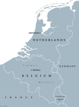 Benelux countries, gray colored political map. Belgium, Netherlands and Luxembourg. Benelux Union, a geographic, economic and cultural group. English labeling. Illustration on white background. Vector
