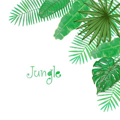 Fototapeta na wymiar Vector frame with tropical leaves. Universal design for card, invitation, banner, poster, placard, cover.