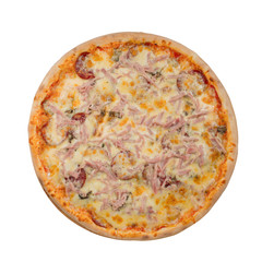 Pizza with ham and mushrooms on a white background. - 209613305