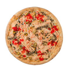 Pizza with seafood on a white background