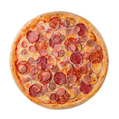 Pizza with sausage and onions on a white background