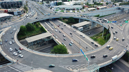 Aerial drone bird's eye view of popular highway of Attiki Odos multilevel junction ring road,...