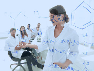 view through the transparent Board. female biochemist analyzing information.