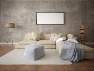 Mock up a spacious living room with beige corner sofa and hipster background.