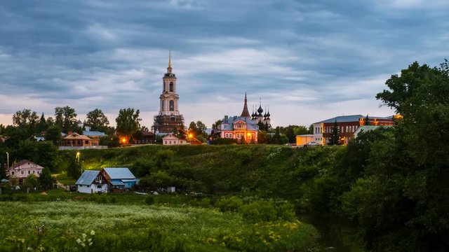 Suzdal, Russia. Morning view of old houses and churches in Suzdal, Russia during a cloudy morning. Golden tour trip in Russia. Time-lapse at sunrise with nature, zoom in