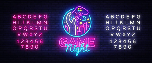 Game Night neon sign logo design template. Game night logo in neon style, gamepad in hand, video game concept, modern trend design, light banner, bright advertisement. Vector. Editing text neon sign
