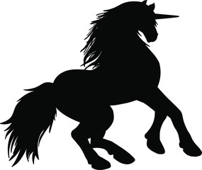 Vector illustration silhouette of an isolated black unicorn on a white background.