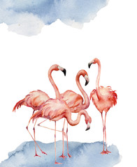 Watercolor card with dancing flamingo. Hand painted print with exotic bird isolated on white background. Tropical illustration for design.