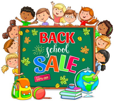 Back to school sale Illustration with school board and different nationality kids