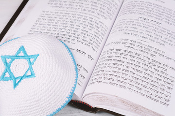Close up view of torah with knitted kippah
