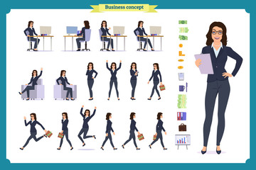 Ready-to-use character set. Young business woman in formal wear. Different poses and emotions, running, standing, sitting, walking, happy, angry. Full length, front, rear view against white background