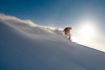 Naklejka na ściany i meble skier rides freeride on powder of snow leaving wave