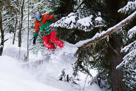 a guy a snowboarder is riding a log in forest