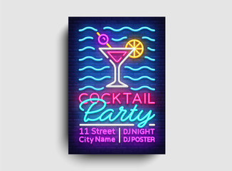 Cocktail party poster neon vector. Summer party design template, bright neon brochure, modern trend design, light banner, typography invitation to the party, advertising postcard. Vector illustration
