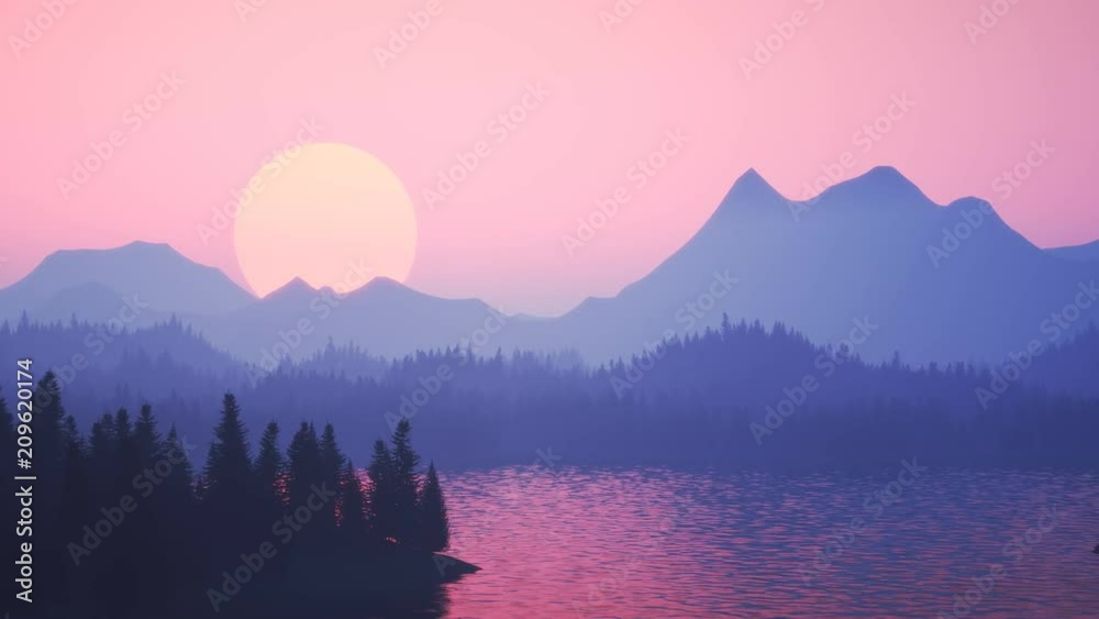 Canvas Prints Sunset over a lake surrounded by coniferous forest and mountains. Vivid pink sky