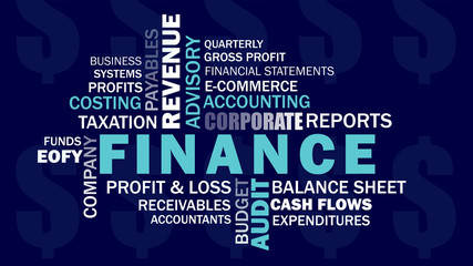 Corporate finance and accounting related words word cloud on dark blue background.