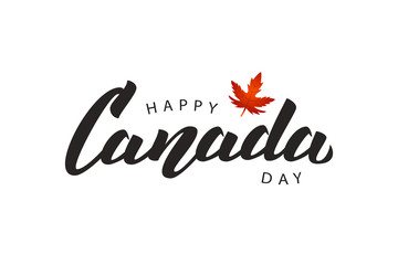 Vector isolated handwritten lettering logo for Canada Day with realistic red maple leaf. Vector typography for greeting card, decoration and covering. Concept of Happy Canada Day.