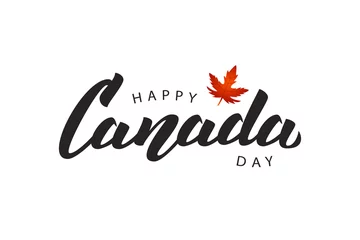 Fotobehang Vector isolated handwritten lettering logo for Canada Day with realistic red maple leaf. Vector typography for greeting card, decoration and covering. Concept of Happy Canada Day. © comicsans