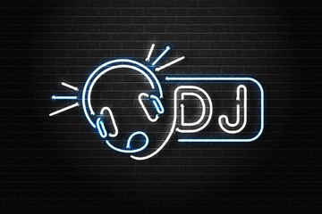 Vector realistic isolated neon sign of Dj logo with headset for decoration and covering on the wall background. Concept of music, radio and live concert.