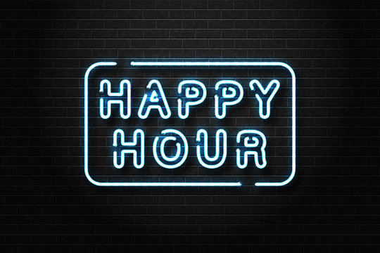 Vector realistic isolated neon sign of Happy Hour lettering logo for decoration and covering on the wall background. Concept of night club, free drinks, bar counter and restaurant.